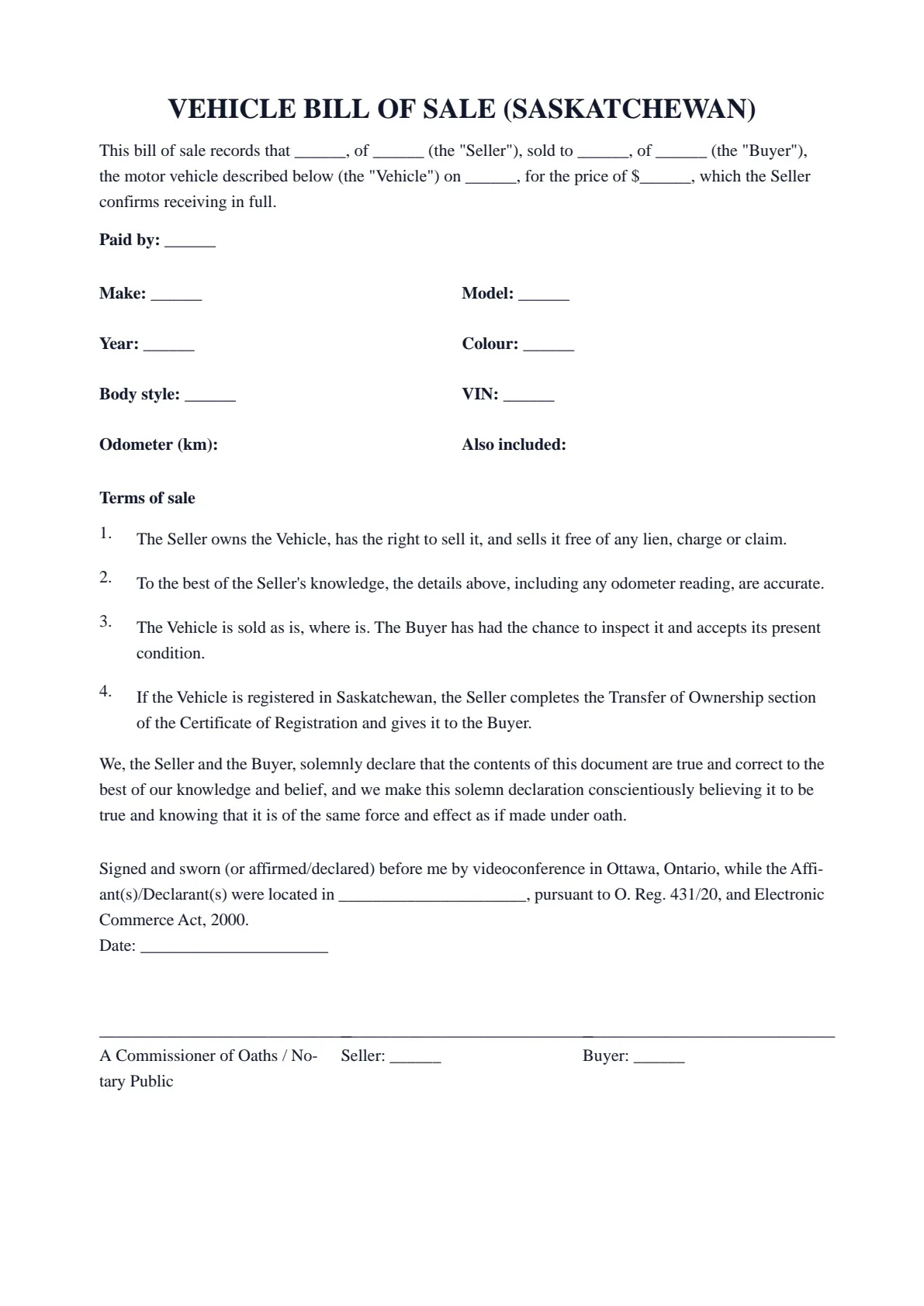 Saskatchewan Bill of Sale (Vehicle): first page of the blank template