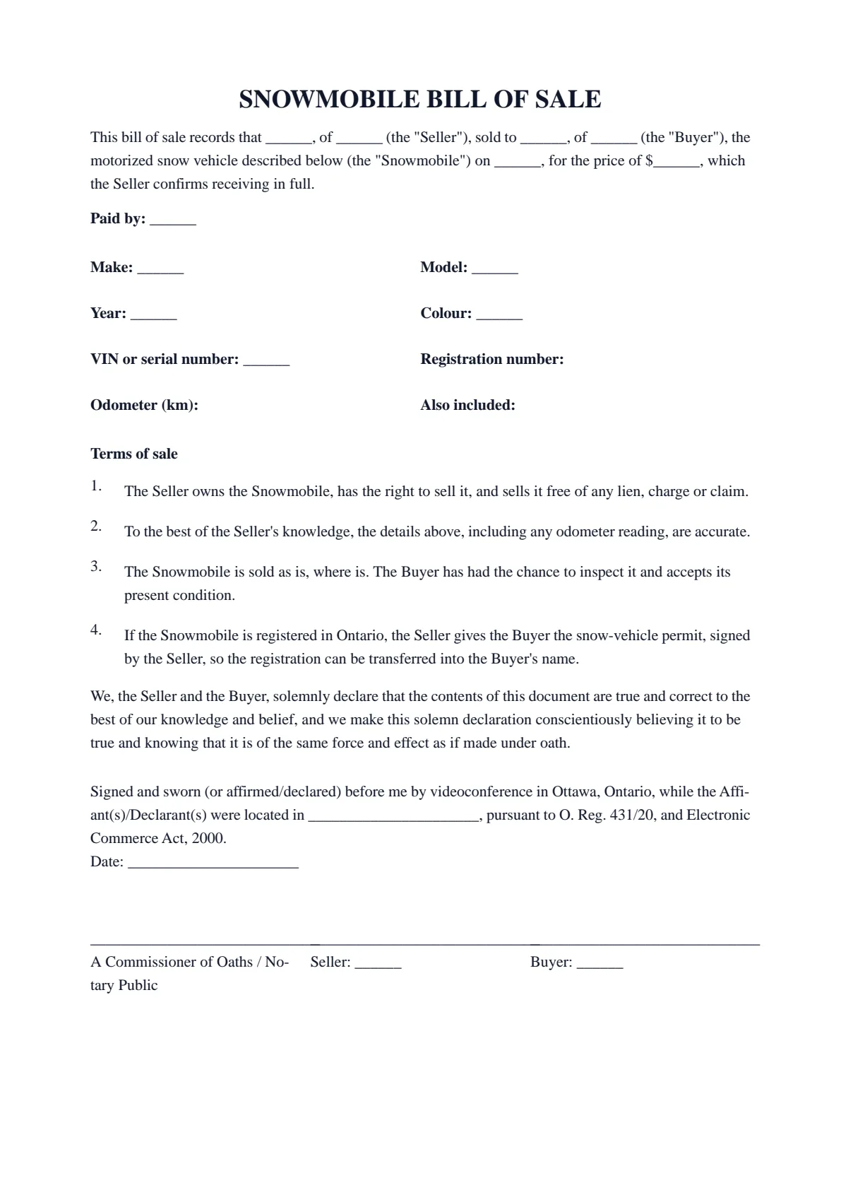 Snowmobile Bill of Sale (Ontario): first page of the blank template