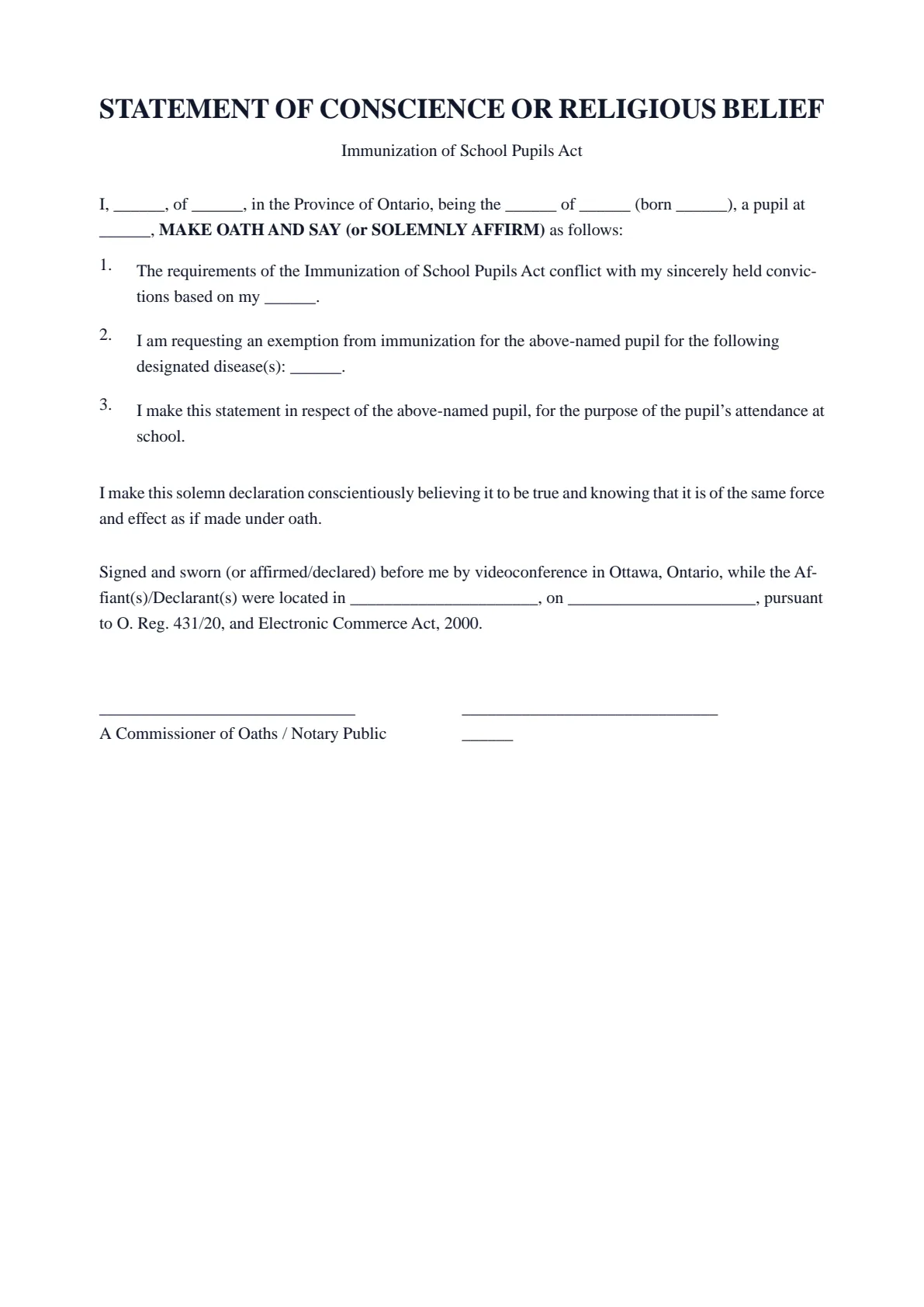 Statement of Conscience or Religious Belief (Immunization of School Pupils Act): first page of the blank template