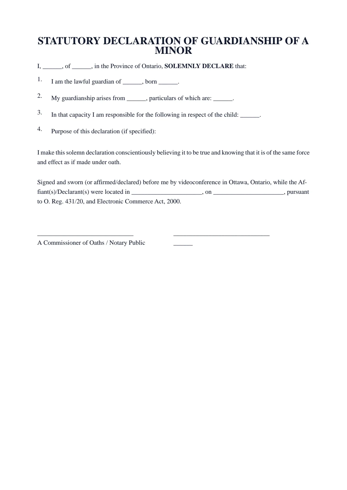 Statutory Declaration of Guardianship of a Minor: first page of the blank template