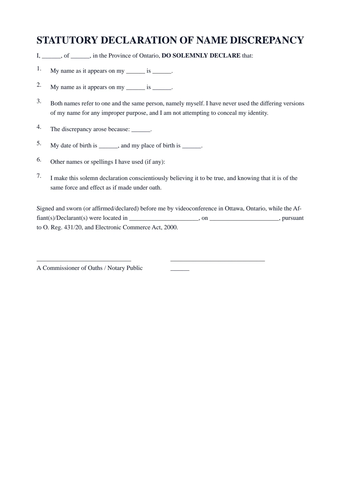 Statutory Declaration of Name Discrepancy: first page of the blank template