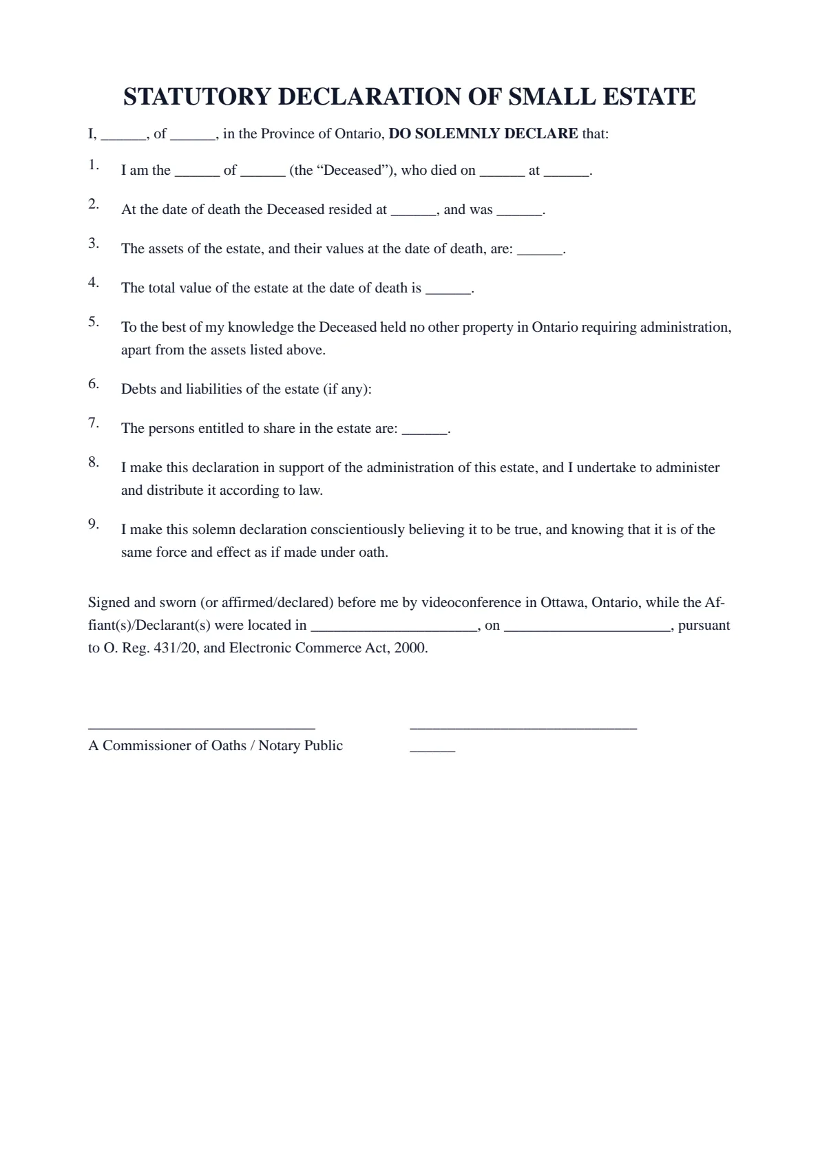 Statutory Declaration of Small Estate: first page of the blank template