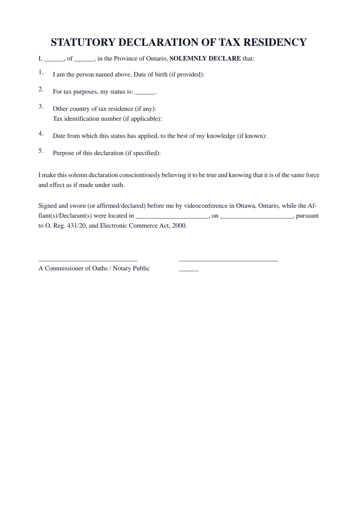 Statutory Declaration of Tax Residency: first page of the blank template