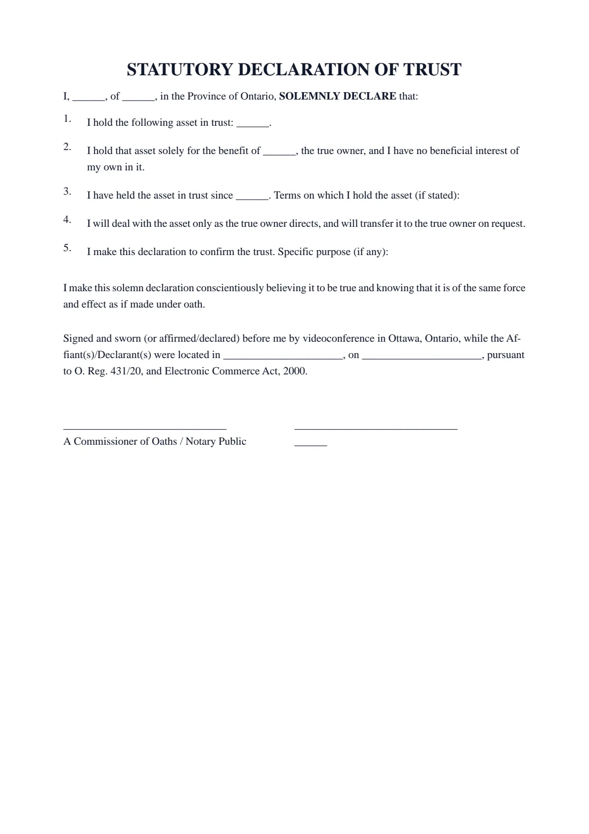 Statutory Declaration of Trust: first page of the blank template